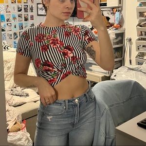 black & white striped crop with floral print.